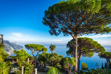 Fototapeta na wymiar gardens of Villa Rufolo on Amalfi Coast with Gulf of Salerno in Ravello, Italy.