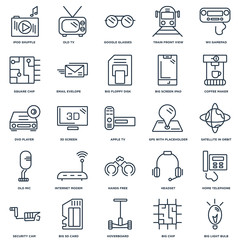 Set Of 25 outline icons such as Big Light Bulb, Chip, Hoverboard