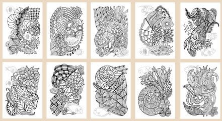 Set of hand drawn pages in zendoodle style for adult coloring book. Abstract marine and floral motifs with coral fishes.