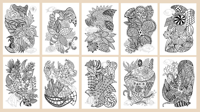 Set of hand drawn pages in zendoodle style for adult coloring book. Abstract marine and floral motifs with coral fishes.