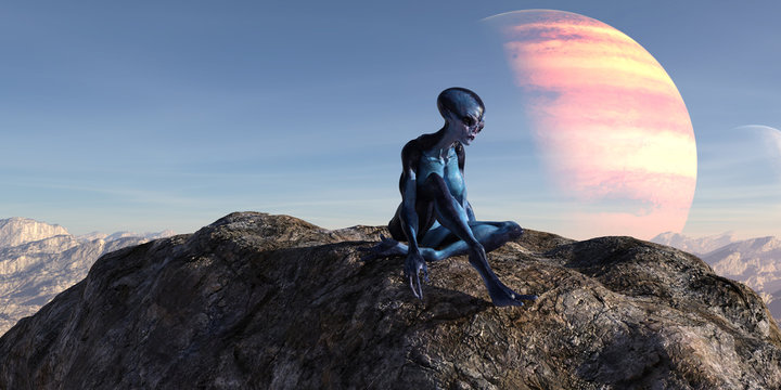 3d illustration of an female extraterrestrial sitting atop a mountain top with a large planet and a small moon in the background.