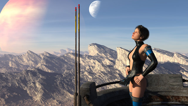 3d illustration of a woman gazing upward at an alien world with blue sky and double moons in the background while standing in an elevated platform.