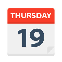 Thursday 19 - Calendar Icon. Vector illustration of week day paper leaf.