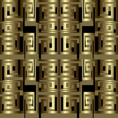 Modern 3d greek vector seamless borders pattern. Geometric abstract ornamental gold and black background. Repeat ornate patterned backdrop. Trendy greek key meanders striped ornament. 3d wallpaper.