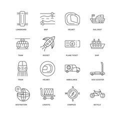 16 linear icons related to Bicycle, Rocket, Longboard, undefined