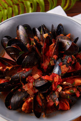 Seafood, mussels with tomato and onion saice