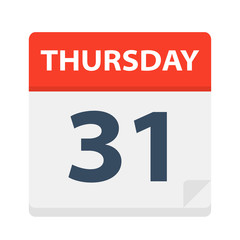 Thursday 31 - Calendar Icon. Vector illustration of week day paper leaf.