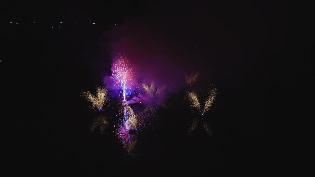 aerial footage amazing colorful fireworks on the water