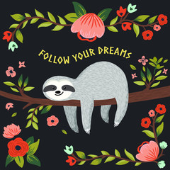 Vector follow your dreams, sloth illustration. Cute baby sloth on the tree. Cartoon animal for gift, greeting card, poster, book cover, background, brochure, etc - 235366529