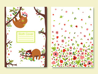 Vector funny sloths set. First female sloth wearing headband and holding gift box. Second hipster baby sloth sleeping on the tree. Cover template with adorable forest animals, flowers, tree - 235366576