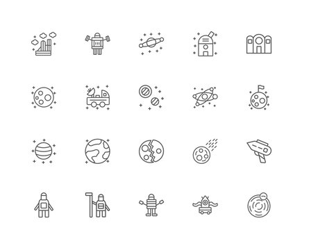 20 linear icons related to Planet, Alien, Astronaut, Nasa, Galax