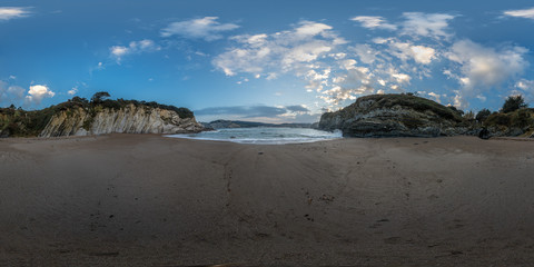Fototapeta na wymiar Muriola beach and detail of the coast cliffs in Barrika 360 equirectangular panorama, Basque Country