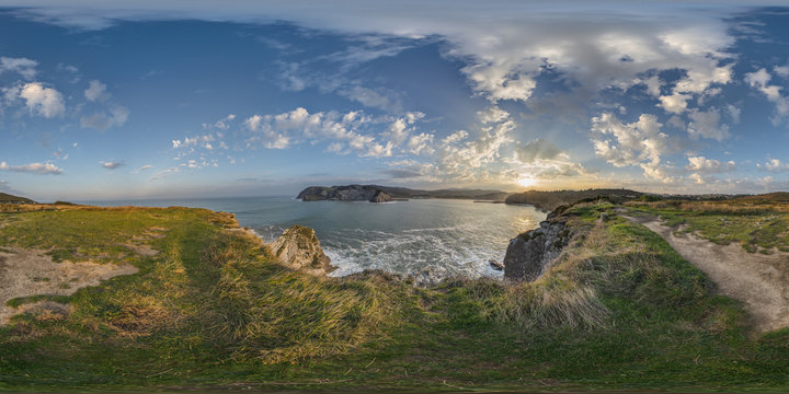 Detail of the coast cliffs in Barrika 360 equirectangular spherical panorama, Basque Country