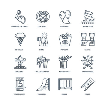 Set Of 16 outline icons such as Ticket, Swing, Toboggan, Ticket