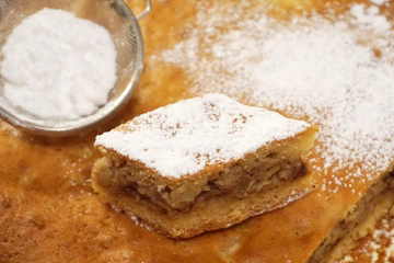 Piece of cake with powdered sugar on baked biscuit