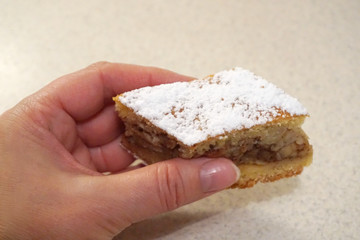 Woman hand with piece of homemade tasty biscuit cake