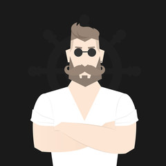 Flat cartoon hipster character with glasses, vector illustration bearded man with tattoo