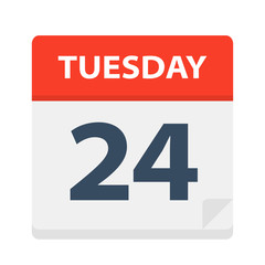 Tuesday 24 - Calendar Icon. Vector illustration of week day paper leaf.