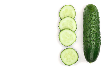 Cucumber slices isolated on white background with copy space for your text. Top view. Flat lay pattern