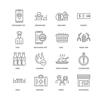 16 linear icons related to Restaurant, Restaurant app, undefined