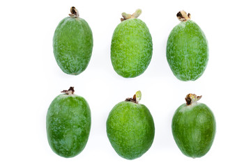 Tropical fruit feijoa Acca sellowiana isolated on white background. Top view. Flat lay pattern