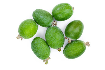 Tropical fruit feijoa Acca sellowiana isolated on white background. Top view. Flat lay pattern