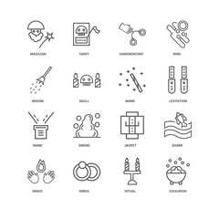 16 linear icons related to Cauldron, Ritual, Rings, Magic, Shark