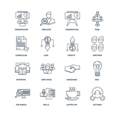 Set Of 16 outline icons such as Settings, Coffee cup, Skills, Jo