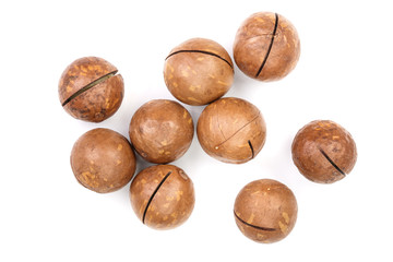 unshelled macadamia nuts isolated on white background. Top view. Flat lay pattern