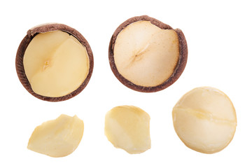 Shelled macadamia nuts isolated on white background. Top view. Flat lay pattern