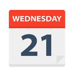 Wednesday 21 - Calendar Icon. Vector illustration of week day paper leaf.