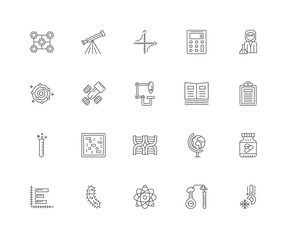20 linear icons related to Thermometer, Clipboard, Scientist, Ca