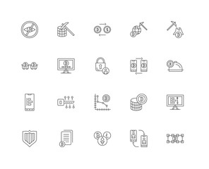 20 linear icons related to Blockchain, Bitcoin, Mining, Protecti