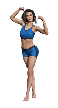 3d illustration of a woman standing flexing her muscles isolated on a white background.