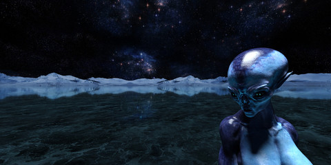 3d illustration of an extraterrestrial on an icy alien world with the universe in the background.