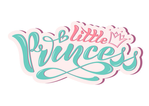 Beautiful handwritten text, calligraphy on a textured background. Vector. Inscription little princess with a crown and hearts for cards, poster, print, logo, print for clothes