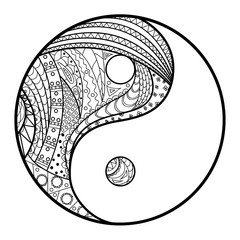 Yin and Yang on white. Religion symbol. Zentangle. Hand drawn mandala on isolation background. Design for spiritual relaxation for adults. Sign of harmony and balance. Zen art. Object for polygraphy