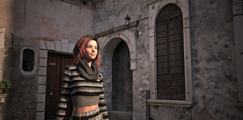 3d illustration of a young woman in an old world setting in the late afternoon light.