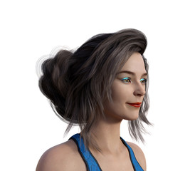 Fototapeta premium 3d illustration of a smiling woman with red lipstick and bright blue neon eye shadow on a white background.