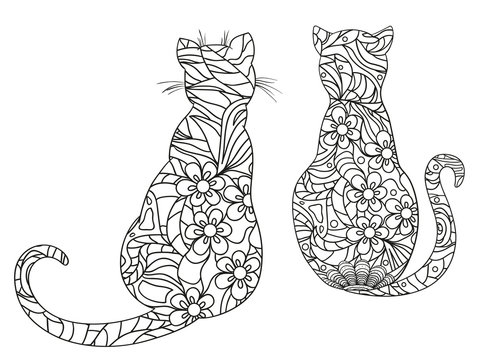 Cats on white. Zentangle. Hand drawn animals with abstract patterns on isolation background. Design for spiritual relaxation for adults. Black and white illustration for coloring