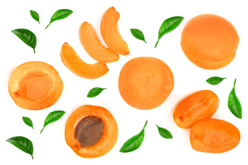 Apricot fruits with leaves isolated on white background with copy space for your text. Top view. Flat lay pattern
