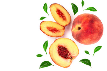 ripe peaches with leaves isolated on white background with copy space for your text. Top view. Flat lay pattern