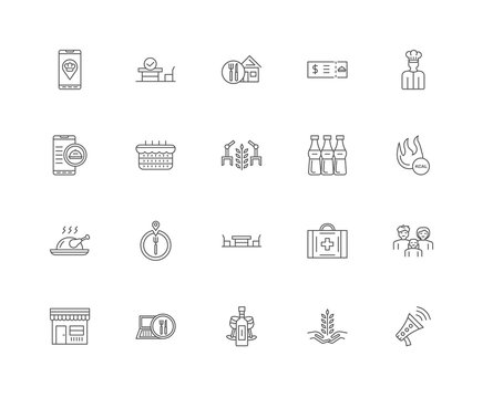 20 linear icons related to Promotion, Wheat, Wine, Order, Restau