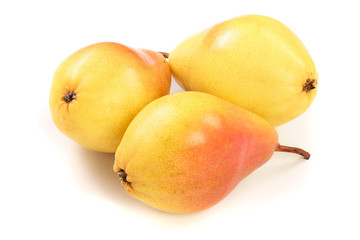 Three ripe red yellow pear fruits isolated on white background.