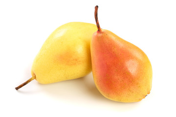 two ripe red yellow pear fruits isolated on white background.