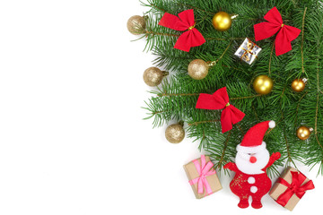 Christmas background with balls and decorations isolated on white with copy space for your text. Top view