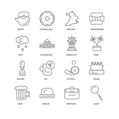 16 linear icons related to Loupe, Briefcase, Bowler, Beer, Crown