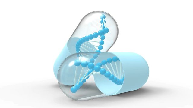 Blue pills with DNA chain inside rotate around their axis isolated on white background. Science and medical concept video. 3D Rendering illustration