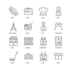 16 linear icons related to Wine, Hotel, Cake, Leash, Champagne,