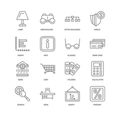 16 linear icons related to Percent, Graph, Desk, Search, Calcula